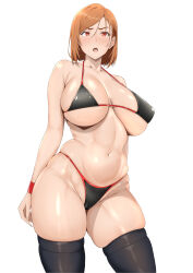 Rule 34 | 1girl, absurdres, alternate breast size, alternate costume, arm at side, bikini, black bikini, black hair, black thighhighs, blush, bob cut, bracelet, breasts, brown eyes, brown hair, cameltoe, collarbone, commentary request, contrapposto, covered erect nipples, cowboy shot, curvy, hair between eyes, halterneck, highres, huge breasts, jewelry, jujutsu kaisen, kugisaki nobara, large breasts, looking at viewer, navel, open mouth, ranhatu, red eyes, red wristband, revision, short hair, simple background, skindentation, solo, standing, stomach, string bikini, swimsuit, thighhighs, underboob, white background