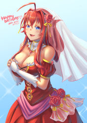 Rule 34 | 1girl, 2021, ahoge, aqua background, arkfield, artist name, bare shoulders, blue eyes, blush, breasts, bridal gauntlets, bridal veil, cleavage, cross-laced clothes, detached collar, detached sleeves, dress, flower, folded ponytail, frills, gem, gloves, happy birthday, heart, high school dxd, highres, large breasts, light blush, looking at viewer, open mouth, ponytail, red dress, red flower, red gemstone, red hair, red rose, rias gremory, ribbon, rose, sash, sidelocks, smile, sparkle, tareme, veil, wedding dress, yellow ribbon