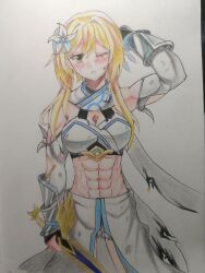 Rule 34 | 1girl, abs, absurdres, alternate body size, biceps, blonde hair, blush, breasts, colored pencil (medium), flower, flower on head, gauntlets, genshin impact, highres, large breasts, lumine (genshin impact), muscular, muscular arms, muscular female, scarf, sweat, torn clothes, traditional media, yukiart 83