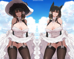 Rule 34 | 1girl, :d, animal ears, atago (azur lane), azur lane, black panties, black thighhighs, blue sky, breasts, brown eyes, brown hair, cleavage, clothes lift, contrapposto, cowboy shot, detached collar, dishwasher1910, dress, dress lift, elbow gloves, garter straps, gloves, hair ornament, hair over shoulder, hat, highres, large breasts, lifted by self, long hair, looking at viewer, low twintails, multiple girls, multiple views, open mouth, outdoors, panties, skindentation, sky, smile, strapless, strapless dress, sun hat, thighhighs, twintails, underwear, upskirt, very long hair, white gloves, white headwear
