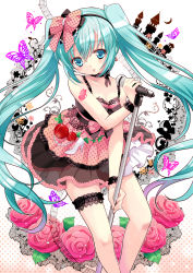 Rule 34 | 1girl, apple, aqua eyes, aqua hair, bad id, bad pixiv id, blush, bug, butterfly, chimochi, choker, dress, dyudyu, flower, food, food-themed clothes, fruit, hairband, hatsune miku, high heels, bug, long hair, microphone, microphone stand, musical note, romeo to cinderella (vocaloid), shoes, solo, tattoo, twintails, very long hair, vocaloid
