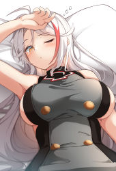Rule 34 | 1girl, absurdres, ahoge, arm up, azur lane, bare shoulders, blush, breasts, closed mouth, dress, grey dress, heart, highres, large breasts, long hair, looking at viewer, lying, moyoron, multicolored hair, on back, one eye closed, orange eyes, parted bangs, pillow, prinz eugen (azur lane), red hair, sideboob, sleeveless, sleeveless dress, solo, streaked hair, very long hair, white background, white hair