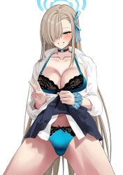 Rule 34 | 1girl, asuna (blue archive), black skirt, blue archive, blue eyes, blush, breasts, clothes lift, collared shirt, grin, hair over one eye, halo, highres, large breasts, light brown hair, long hair, long sleeves, looking at viewer, miniskirt, ryou (ryoutarou), shirt, skirt, skirt lift, sleeves rolled up, smile, very long hair, white shirt