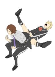 Rule 34 | 1boy, 1girl, absurdres, blonde hair, brown hair, closed mouth, full body, highres, igusaharu, lisa silverman, open mouth, persona, persona 2, school uniform, seven sisters high school uniform, short hair, simple background, skirt, socks, spread legs, suou tatsuya, white background