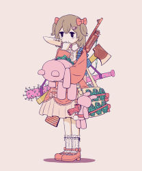 Rule 34 | 1girl, absurdres, arm up, avogado6, axe, bag, bags under eyes, bandolier, baseball bat, beretta px4 storm, black eyes, bow, bright pupils, brown hair, center frills, child, commentary, constricted pupils, dress, explosive, frilled dress, frilled sleeves, frills, full body, grenade, gun, gun sling, hair bow, hair ornament, hairclip, hand to own mouth, handgun, highres, holding, holding knife, holding stuffed toy, holstered, jitome, kawaii girl (avogado6), kitchen knife, knife, lolita fashion, long sleeves, medium hair, mk2 (grenade), nail, nail bat, no sclera, original, over shoulder, pink background, pink bow, pink dress, pistol, pump action, remington 870, revision, rifle, romaji commentary, shadow, shotgun, simple background, slit pupils, solo, standing, stuffed animal, stuffed rabbit, stuffed toy, teddy bear, teddy bear hair ornament, two side up, weapon, weapon over shoulder, white pupils, yellow bag