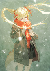 Rule 34 | 1girl, absurdres, black skirt, blonde hair, blue eyes, coat, cowboy shot, dino (dinoartforame), dinosaur tail, glasses, hair ribbon, highres, long hair, original, overcoat, red ribbon, red scarf, ribbon, scarf, simple background, skirt, snowing, solo, tail, twintails, winter, winter clothes