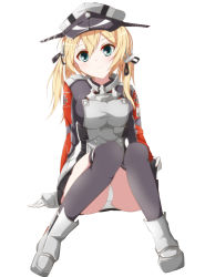 Rule 34 | 10s, 1girl, arm support, ass, black skirt, black thighhighs, blonde hair, boots, cross, full body, green eyes, hat, highres, iron cross, kantai collection, knees together feet apart, long sleeves, looking at viewer, microskirt, military, military hat, military uniform, panties, pantyshot, peaked cap, pleated skirt, prinz eugen (kancolle), simple background, sitting, skirt, smile, solo, thighhighs, underwear, uniform, usamimi (usamimiok), white background, white panties