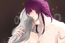 Rule 34 | 2girls, arm grab, blush, breasts, breath, brown background, collarbone, commentary, glaciel, grey hair, hand on another&#039;s back, heart, honkai: star rail, honkai (series), kafka (honkai: star rail), kiss, kissing neck, large breasts, long hair, multiple girls, nude, out-of-frame censoring, parted lips, purple eyes, signature, stelle (honkai: star rail), teeth, trailblazer (honkai: star rail), yuri