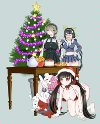 Rule 34 | 2mascots, 3girls, bare shoulders, barefoot, black dress, black hair, black headdress, black headwear, blue necktie, blue shirt, blue skirt, blush, bow, bra, breasts, brown hair, bucket, cake, chabashira tenko, chicken (food), christmas, christmas lights, christmas ornaments, christmas tree, cleavage, closed eyes, closed mouth, collarbone, crawling, danganronpa (series), danganronpa v3: killing harmony, dress, female focus, fingernails, fluffy, food, fried chicken, frown, gluteal fold, green background, green eyes, green headwear, hair ornament, hairband, harukawa maki, hat, headband, highres, large breasts, long hair, long sleeves, medium breasts, mole, mole under eye, monophanie, monotaro (danganronpa), multicolored background, multiple girls, navel, neck bell, neck ribbon, necktie, open mouth, pink background, pink hairband, pink headband, pink headwear, pizza, pleated dress, pleated skirt, pointing, red bow, red bra, red eyes, red ribbon, red scrunchie, ribbon, sailor collar, santa hat, scrunchie, shiny skin, shirt, simple background, sitting, sitting on person, skirt, smile, standing, star (symbol), star hair ornament, striped, striped background, table, teapot, tojo kirumi, tongue, twintails, underwear, white cuffs, white shirt, wooden table, wrist cuffs