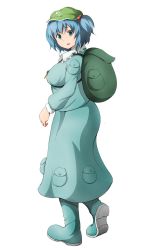 Rule 34 | 1girl, backpack, bag, blue eyes, blue hair, boots, breasts, enbanzyou, frilled shirt collar, frills, from side, full body, hair bobbles, hair ornament, hangetsuban sonshou, hat, kawashiro nitori, key, long sleeves, looking at viewer, looking to the side, matching hair/eyes, medium breasts, parted lips, plump, pocket, rubber boots, short hair, skirt, skirt set, solo, touhou, two side up, white background