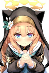 Rule 34 | 1girl, animal ear headwear, black dress, blue archive, blue eyes, blue neckerchief, blush, braid, closed mouth, dress, fake animal ears, flower, frilled sleeves, frills, from above, gold trim, habit, hair between eyes, halo, hands up, hat, hat flower, highres, interlocked fingers, kumakou, long hair, long sleeves, looking at viewer, mari (blue archive), neckerchief, nun, orange hair, own hands clasped, own hands together, praying, sailor collar, single braid, smile, solo, white flower