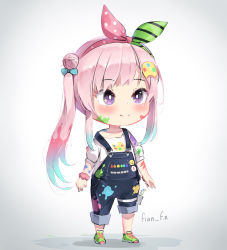 Rule 34 | 1girl, airani iofifteen, airani iofifteen (1st costume), artist name, badge, blue bow, bow, chibi, fian f.n, gradient hair, green footwear, green ribbon, hair bow, hair bun, hair ribbon, hololive, hololive indonesia, multicolored hair, off shoulder, overalls, paint on body, paint on clothes, paint splatter, paint splatter on face, paint stains, paint tube, paintbrush, palette (object), pants, pants rolled up, pink hair, pink ribbon, purple eyes, ribbon, scrunchie, shirt, shoes, side ponytail, simple background, single hair bun, sleeves rolled up, smiley face, solo, virtual youtuber, white background, white shirt