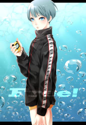 Rule 34 | 10s, 1boy, bad id, bad pixiv id, black jacket, blue background, blue eyes, blue hair, bubble, copyright name, cowboy shot, free!, from side, holding, holding stopwatch, jacket, letterboxed, looking at viewer, looking to the side, loverusu, male focus, male swimwear, mole, mole under eye, nitori aiichirou, orange male swimwear, orange swim briefs, short hair, solo, standing, stopwatch, swim briefs, swimsuit, swimsuit under clothes, track jacket, watch