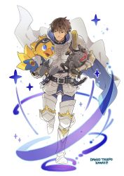 Rule 34 | 1boy, adventurer (ff14), alpha (ff14), armor, belt, belt buckle, blue eyes, breastplate, brown hair, buckle, cape, carrying, child carry, chocobo, commentary, facial hair, faulds, final fantasy, final fantasy xiv, full body, gauntlets, goggles, goggles on head, greaves, highres, hyur, leg up, looking at another, male focus, misotomato, non-humanoid robot, omega (final fantasy), paladin (final fantasy), pauldrons, robot, short hair, shoulder armor, simple background, sitting, smile, sparkle, standing, standing on one leg, stubble, teleport, warrior of light (ff14), white background, white cape