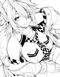 Rule 34 | 1girl, blush, breast pocket, breasts, checkered clothes, checkered necktie, checkered neckwear, closed mouth, collared shirt, eyepatch, fur-trimmed jacket, fur trim, gloves, greyscale, headgear, ifuji shinsen, jacket, kantai collection, large breasts, long sleeves, monochrome, necktie, partially fingerless gloves, pleated skirt, pocket, shirt, short hair, simple background, skirt, solo, tenryuu (kancolle), tenryuu kai ni (kancolle), white background