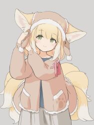 Rule 34 | alternate costume, animal ear fluff, animal ears, arknights, blonde hair, blue shirt, brown cardigan, cardigan, closed mouth, colored tips, commentary request, fie in b86, fox ears, fox girl, fox tail, grey background, grey skirt, highres, kitsune, kyuubi, multicolored hair, multiple tails, shirt, simple background, skirt, smile, suzuran (arknights), tail, white hair