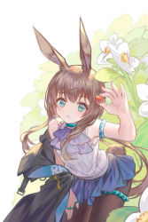 Rule 34 | 1girl, absurdres, amiya (arknights), animal ear fluff, animal ears, arknights, arm up, baiiya, bare arms, bare shoulders, black pantyhose, blue eyes, blue neckwear, blue skirt, brown hair, commentary request, flower, food, fruit, highres, holding, holding food, holding fruit, long hair, miniskirt, pantyhose, rabbit ears, rabbit tail, ribbed shirt, shirt, sidelocks, skirt, sleeveless, sleeveless shirt, solo, strawberry, tail, white flower