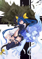 Rule 34 | 1girl, asymmetrical wings, bare shoulders, blue hair, choker, dizzy (guilty gear), feathers, guilty gear, guilty gear x, guilty gear xx, long hair, navel, necro (guilty gear), red eyes, ribbon, solo, tail, tail ornament, tail ribbon, thighhighs, undine (guilty gear), wings, yamaishi (mukoubuti)