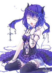 Rule 34 | 1girl, :d, ^ ^, bare shoulders, belphegor (falkyrie no monshou), black thighhighs, blue hair, blush, closed eyes, dress, falkyrie no monshou, fang, flower, hair flower, hair ornament, head wings, horns, jewelry, lots of jewelry, open mouth, ribbon, short hair, simple background, sitting, smile, solo, soukuu kizuna, thighhighs, wariza, watermark, white background, wings