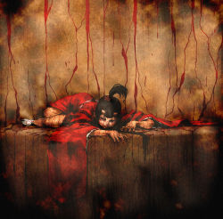 Rule 34 | 1girl, black hair, blood, chyko, crack, highres, horns, japanese clothes, kimono, lying, oni, red eyes, solo