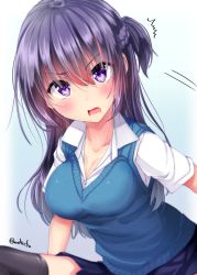 Rule 34 | &gt;:o, 1girl, black skirt, black thighhighs, blue background, blush, braid, breasts, cleavage, collarbone, collared shirt, drooling, eyes visible through hair, french braid, gradient background, head tilt, large breasts, long hair, looking at viewer, mokufuu, one side up, open mouth, original, pleated skirt, purple eyes, purple hair, shirt, short sleeves, sidelocks, skindentation, skirt, solo, surprised, taut clothes, taut shirt, thighhighs, twitter username, v-shaped eyebrows, white background, white shirt