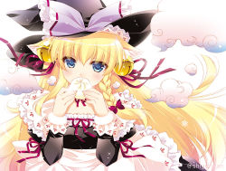 Rule 34 | 1girl, animal ear fluff, animal ears, apron, baozi, bell, black dress, black hat, blonde hair, blue eyes, braid, breasts, cat ears, cloud, commentary request, dress, food, frilled apron, frills, hair bell, hair between eyes, hair ornament, hands up, hat, holding, holding food, jingle bell, juliet sleeves, kemonomimi mode, kirisame marisa, long hair, long sleeves, looking at viewer, puffy sleeves, shigunyan, side braid, single braid, small breasts, solo, touhou, very long hair, waist apron, white apron, witch hat