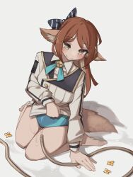 Rule 34 | 1girl, absurdres, animal ears, arknights, blue bow, blue necktie, blue one-piece swimsuit, blush, bow, brown hair, collared shirt, flower, fox ears, fox girl, grey background, hair bow, highres, hose, long hair, necktie, one-piece swimsuit, perfumer (arknights), ponytail, shirt, simple background, sitting, smile, solo, striped, striped bow, swimsuit, swimsuit under clothes, textless version, togekk0, water, white shirt, yellow eyes, yellow flower