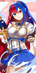 Rule 34 | 1girl, alear (female) (fire emblem), alear (fire emblem), asymmetrical clothes, blue eyes, blue hair, braid, breasts, chocojax, crown braid, fire emblem, fire emblem engage, gloves, heterochromia, highres, holding, holding sword, holding weapon, long hair, looking at viewer, medium breasts, multicolored hair, nintendo, red eyes, red hair, smile, solo, sword, tiara, very long hair, weapon