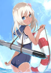 Rule 34 | 10s, 1girl, :d, ass, blonde hair, blue eyes, crop top, flower, from behind, hair flower, hair ornament, k yukihiko, kantai collection, lifebuoy, long hair, one-piece swimsuit, open mouth, ro-500 (kancolle), sailor collar, school swimsuit, smile, solo, swim ring, swimsuit, swimsuit under clothes, tan, tanline, torpedo, wading, water, wet, yukihiko (tyabobo)
