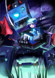 Rule 34 | 1girl, absurdres, backpack, bag, blue eyes, blue hair, boots, carrying, crossed out, from below, glowing, green hat, hair bobbles, hair ornament, hat, highres, kawashiro nitori, looking at viewer, looking to the side, nazi flag, night, open mouth, platform boots, platform footwear, robot, short hair, short twintails, swastika, touhou, twintails, two side up, x, x-boy