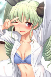 Rule 34 | 10s, 1girl, anchovy (girls und panzer), blush, bra, breasts, drill hair, girls und panzer, green hair, hair ornament, highres, homewrecker, long hair, looking at viewer, navel, one eye closed, open clothes, open shirt, reaching, reaching towards viewer, red eyes, ribbon, selfie, shirt, smile, solo, twintails, underwear, upper body