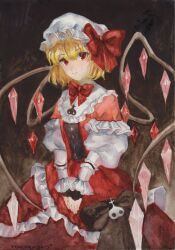 Rule 34 | 1girl, absurdres, alternate costume, blonde hair, bow, bowtie, crystal wings, dress, flandre scarlet, frilled dress, frills, hat, hat bow, highres, long sleeves, mob cap, red bow, red dress, red eyes, short hair, solo, touhou, traditional media, white hat, yuuren kyouko