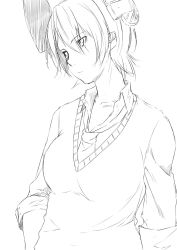 Rule 34 | 10s, 1girl, arms at sides, commentary request, eyebrows, greyscale, headgear, highres, kantai collection, monochrome, necktie, niwatazumi, no eyepatch, open collar, scar, scar across eye, scar on face, short hair, sketch, sleeves rolled up, solo, sweater, tenryuu (kancolle)