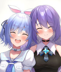Rule 34 | 2girls, animal ears, blue hair, blush, breasts, choker, closed eyes, closed mouth, collarbone, hair between eyes, heads together, highres, hololive, hololive indonesia, long hair, medium breasts, medium hair, moona hoshinova, multiple girls, neckerchief, open mouth, purple hair, rabbit ears, sailor collar, school uniform, short sleeves, simple background, sleeveless, smile, suicabar72, taut clothes, thick eyebrows, upper body, usada pekora, usada pekora (casual), virtual youtuber