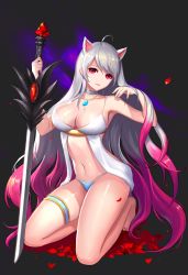 Rule 34 | 00s, 1girl, animal ears, bad id, bad pixiv id, bare arms, barefoot, black background, blue pants, breasts, cat ears, choker, cleavage, closed mouth, dungeon and fighter, female slayer (dungeon and fighter), full body, gem, gradient hair, grey hair, tucking hair, head tilt, highres, holding, holding sword, holding weapon, jewelry, kneeling, large breasts, long hair, looking at viewer, multicolored hair, nail polish, navel, necklace, no pants, pants, petals, phonic, pink hair, pink nails, red eyes, red lips, shade, shiny skin, solo, stomach, swept bangs, sword, sword master (dungeon and fighter), thigh strap, two-tone hair, very long hair, wavy hair, weapon