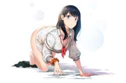Rule 34 | 10s, 1girl, all fours, ass, black hair, blue eyes, bottomless, breasts, commentary request, full body, gridman universe, highres, karasu kame ex, long hair, looking at viewer, medium breasts, raised eyebrows, simple background, skirt, unworn skirt, solo, ssss.gridman, takarada rikka, thighs, white background