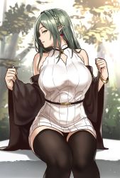 Rule 34 | 1girl, bare shoulders, black thighhighs, bracelet, braid, breasts, dress, elf, french braid, green hair, hair ornament, houtengeki, jewelry, large breasts, original, outdoors, pointy ears, profile, ribbed dress, shawl, short dress, sitting, solo, thighhighs, turtleneck, white dress, yellow eyes