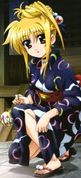 Rule 34 | 10s, 1girl, absurdres, blonde hair, choker, earrings, fate testarossa, feet, hair up, highres, japanese clothes, jewelry, kimono, legs, long image, lyrical nanoha, mahou shoujo lyrical nanoha, mahou shoujo lyrical nanoha the movie 1st, non-web source, nyantype, official art, okuda yasuhiro, on one knee, red eyes, sandals, solo, stick poster, tall image, toes, water yoyo, yukata