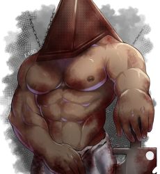 Rule 34 | 1boy, abs, absurdres, artist name, bara, biceps, blood, blood on arm, blood on chest, blood on clothes, bloody weapon, chain, dead by daylight, feet out of frame, highres, kaido (62145659), large pectorals, machete, male focus, manly, mature male, muscular, muscular male, nipples, pectorals, pyramid head, signature, silent hill (series), simple background, skirt, solo, thick arms, topless male, weapon, white background