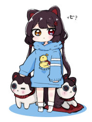 Rule 34 | 1girl, = =, animal, animal ears, black hair, blue hoodie, blush, brown eyes, chibi, clothes writing, colored shadow, commentary request, dog, dog ears, dog girl, dog tail, full body, heterochromia, hood, hood down, hoodie, inui toko, long hair, long sleeves, looking at viewer, low twintails, nijisanji, nozo (hitomiz), one eye closed, puffy long sleeves, puffy sleeves, red eyes, sebastian piyodore, shadow, sleeves past wrists, socks, solo, standing, tail, translation request, twintails, very long hair, virtual youtuber, white background, white socks