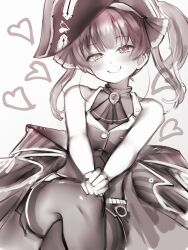 Rule 34 | 1girl, absurdres, ascot, bare arms, bare shoulders, bicorne, blush, brooch, crossed legs, hands on own knee, hat, heart, heterochromia, highres, hololive, houshou marine, jewelry, long hair, looking at viewer, monochrome, nanashi (nlo), simple background, sleeveless, smile, solo, thighhighs, twintails, virtual youtuber