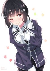 Rule 34 | 1girl, belt, black hair, blush, breasts, brown eyes, closed mouth, dated, gloves, hair ornament, hairclip, jacket, kantai collection, large breasts, long sleeves, looking at viewer, myoukou (kancolle), one eye closed, purple jacket, shirt, short hair, simple background, smile, solo, tonarikeru, white background, white gloves, white shirt