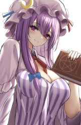 Rule 34 | 1girl, 7saki, absurdres, bad id, bad pixiv id, blush, book, breasts, cleavage, hat, highres, holding, holding book, large breasts, long hair, mob cap, patchouli knowledge, purple eyes, purple hair, simple background, smile, solo, touhou, white background