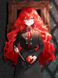 Rule 34 | 1girl, absurdres, apple, bandages, bandaid, black jacket, chilcy35, floral print, food, fruit, hair between eyes, highres, holding, holding knife, jacket, knife, long hair, long skirt, original, picture frame, pleated skirt, red eyes, red hair, ribbon, skirt, solo, standing, tearing up, tears, wallpaper (object)