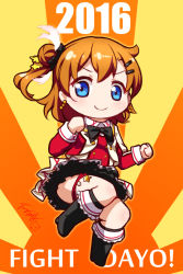 Rule 34 | &gt;:), 10s, 1girl, 2016, blue eyes, boots, bow, bowtie, buttons, chibi, clenched hands, double-breasted, earrings, feather hair ornament, feathers, hair bow, hair bun, hair ornament, hairclip, jewelry, kosaka honoka, langbazi, long sleeves, looking at viewer, love live!, love live! school idol project, love live! sunshine!!, one side up, orange hair, short hair, side bun, side ponytail, signature, single side bun, skirt, solo, sore wa bokutachi no kiseki, sunburst, thigh strap, v-shaped eyebrows