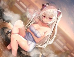 Rule 34 | 1girl, animal ears, bare arms, bare shoulders, barefoot, breast hold, breasts, cat ears, cleavage, commentary request, dutch angle, hair between eyes, hand in own hair, large breasts, long hair, looking at viewer, naked towel, nora cat, nora cat channel, onsen, red eyes, silver hair, smile, soaking feet, solo, thighs, towel, very long hair, virtual youtuber, wowoguni