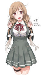 Rule 34 | 1girl, blush, bow, bowtie, braid, breasts, brown hair, cloud hair ornament, gradient hair, hair between eyes, kantai collection, large breasts, light brown hair, long hair, looking at viewer, minegumo (kancolle), multicolored hair, open mouth, pleated skirt, red bow, red bowtie, red eyes, school uniform, shirt, short sleeves, simple background, skirt, smile, solo, standing, suspender skirt, suspenders, twin braids, white background, white shirt, yukiguni yuu