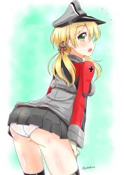 Rule 34 | 10s, 1girl, anchor hair ornament, ass, bent over, blonde hair, green eyes, hair ornament, hat, highres, kantai collection, long hair, looking at viewer, looking back, open mouth, panties, peaked cap, pleated skirt, prinz eugen (kancolle), skirt, solo, twintails, underwear, white panties, yokoshima (euphoria)