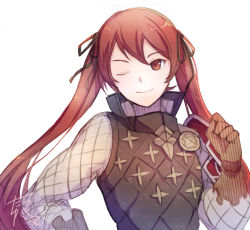 Rule 34 | 1girl, armor, female focus, fire emblem, fire emblem fates, gloves, hair ribbon, leather, leather gloves, long hair, matching hair/eyes, nintendo, one eye closed, red eyes, red hair, ribbon, selena (fire emblem fates), shirt, shoulder armor, smile, solo, tarayuki, twintails, upper body, vest, white background, wink