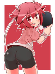 Rule 34 | 1girl, :d, ass, bike shorts, black shorts, blush, bone hair ornament, cartoon bone, commentary request, hair between eyes, hair ornament, hair ribbon, holding, leaning forward, looking at viewer, looking back, naga u, open mouth, outline, paddle, red background, red eyes, red hair, red shirt, ribbon, shakunetsu no takkyuu musume, shirt, short shorts, short sleeves, shorts, smile, solo, sweat, table tennis paddle, teeth, tsumujikaze koyori, two-tone background, two side up, upper teeth only, white background, white outline, white ribbon, wristband